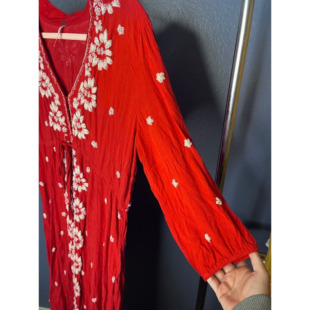Free People Red Embroidered Boho Maxi Dress Long Sleeve Tie Front Size M - Picture 6 of 7